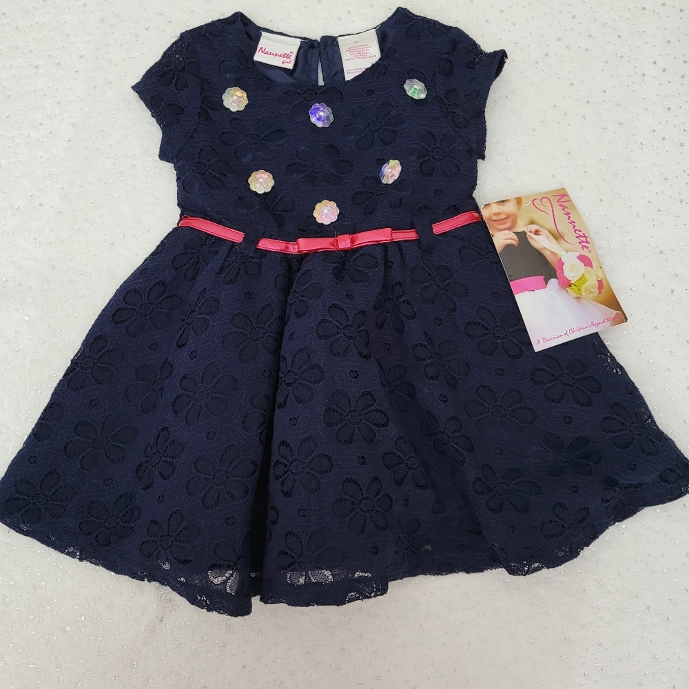 Nannette Dark Blue Floral Lace Dress with Pink Accents